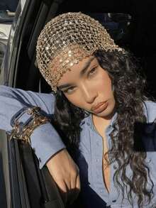 1pc Bohemian Gold Sequin Tassel Scarf, Luxury Mesh Hijab Evening Party, Shiny Headscarf Women., Beach, Holiday - Gold - 查看 3