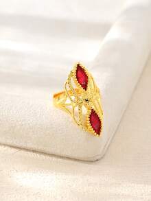 Boho&Elegant Butterfly-Shaped Red Cubic Zirconia Ring, Gold Plated Open Statement Band, Adjustable Finger Ring For Party & Gifts - Yellow Gold - View 3