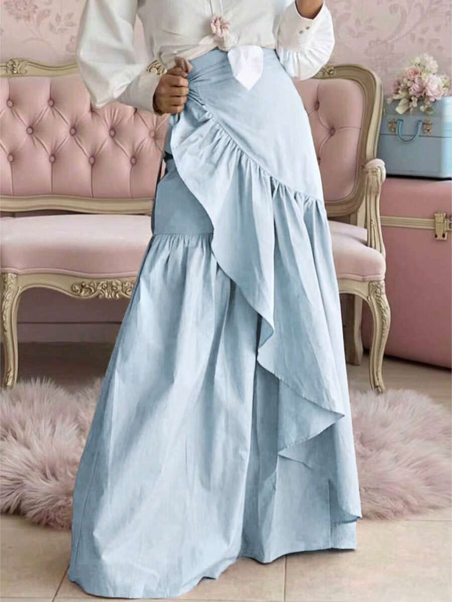 Jupe évasée champagne pour femmes, jupe midi longue plissée irrégulière avec lien à nouer - Bleu azur - Voir 1