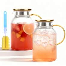 EZIFY 2Pcs Vertical Texture Glass Pitcher Set, Luxury Cold Water Carafe With Golden Handle & Lid, Large Capacity Drink Jug With Bonus Cleaning Brush For Kitchen Home Party - 2-pack Water Bottle With Brush - View 14