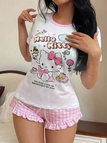 SANRIO 三丽鸥 Hello Kitty 卡通印花睡衣套装，夏季新款宽松短袖粉色格子荷叶边短裤睡衣，甜美少女风休闲家居服两件套 - 粉色 - 查看 4