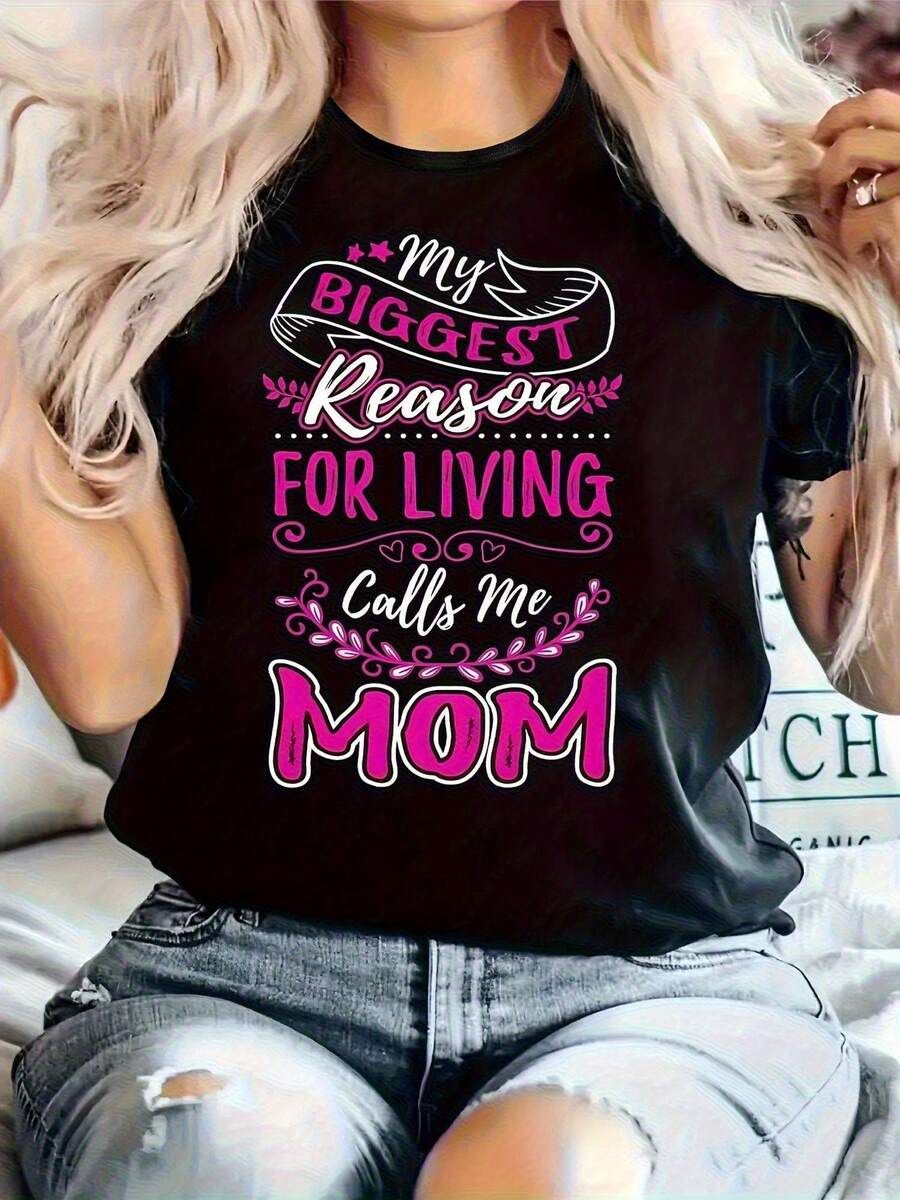 Women's Casual T-Shirt "My Biggest Reason Calls Me Mom" Pattern Print- Black With Pink Letters, Soft Stretch Fabric, Round Neck Short Sleeve Top For Spring And Summer, Mother's Day Gift Idea, Comfortable Loose Fit Tee - 黑色 - 查看 1