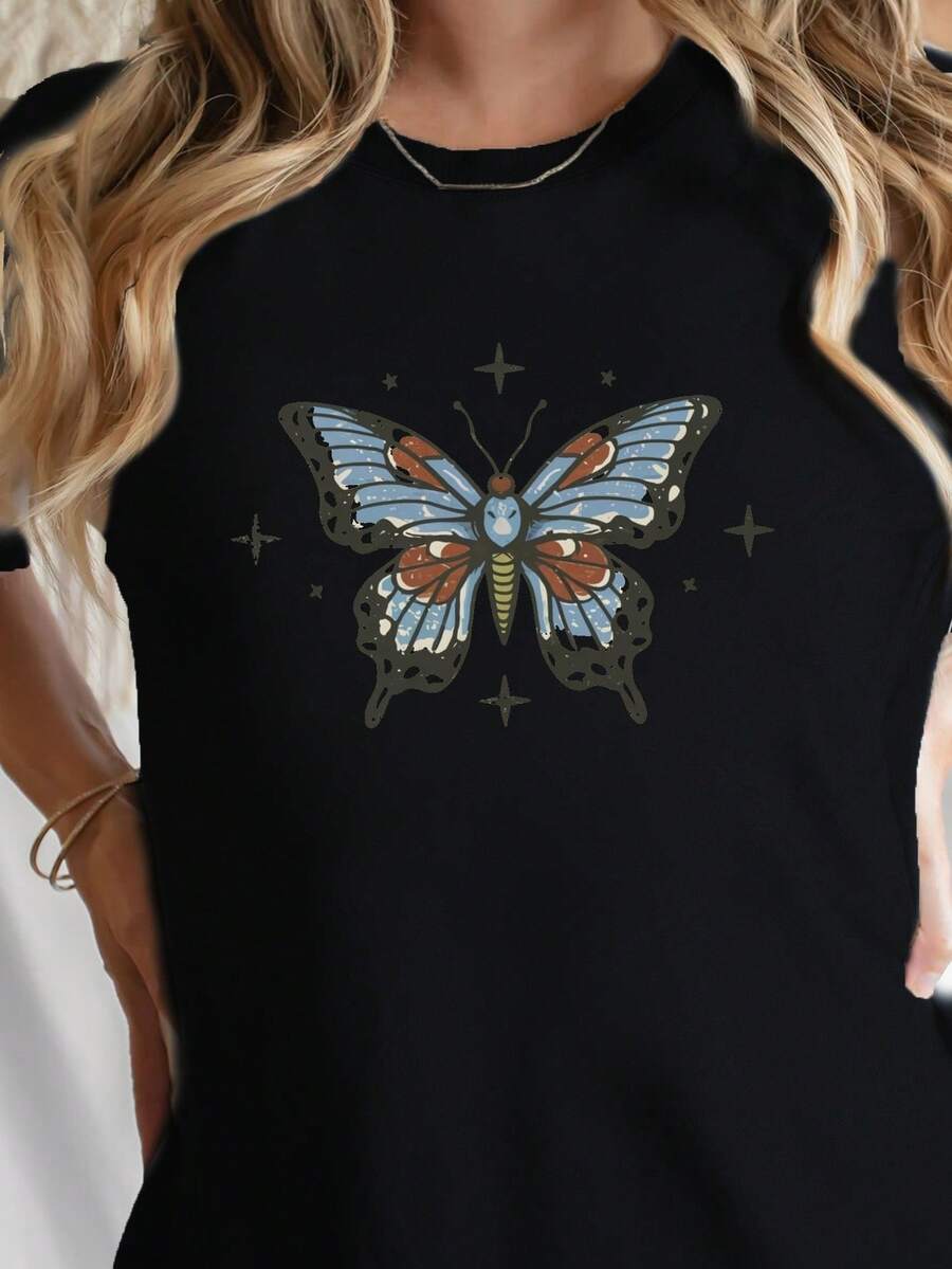 Butterfly Print Crew Neck T-shirt, Casual Short Sleeve Top For Spring & Summer, Women's Clothing