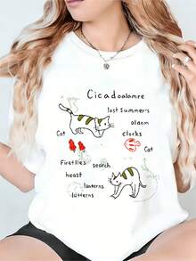 Camiseta de mujer Cicadaoalamre veranos perdidos despertadores gato luciérnagas búsqueda linternas bestia cómodo cuello de la tripulación adecuado para el traje casual - Blanco - Ver 2