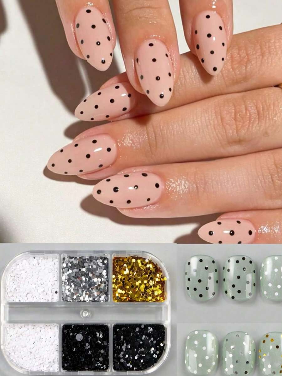 6 Grids Mini Black Dot Cute Nail Art Sequins Gold Silver Set Polka Dot Nail Glitter Nail Decorations Y2K Holographic Decoration Nail Ornaments - Multicolor - View 1