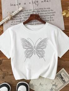 Camiseta de manga corta con diseño de mariposas bailando: Blanca, 100% algodón para el verano. - Blanco - Ver 1