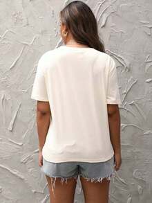 Camiseta Clásica de Manga Corta con Estampado de Letras para Mujer, Cuello Redondo, Casual, Negra, para Verano - Beis - Ver 2