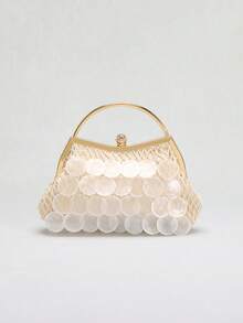 1pc Beige Natural Seashell Bead Slice Decor Tassel Clutch Bag, Handmade Boho Mermaid Shell Slice Lattice Fishnet Tote Bag, Suitable For Daily, Wedding, Party And Travel/Vacation Occasions (Normal Cracks And Defects On Seashell Slices Are Acceptable) - Beige - View 6