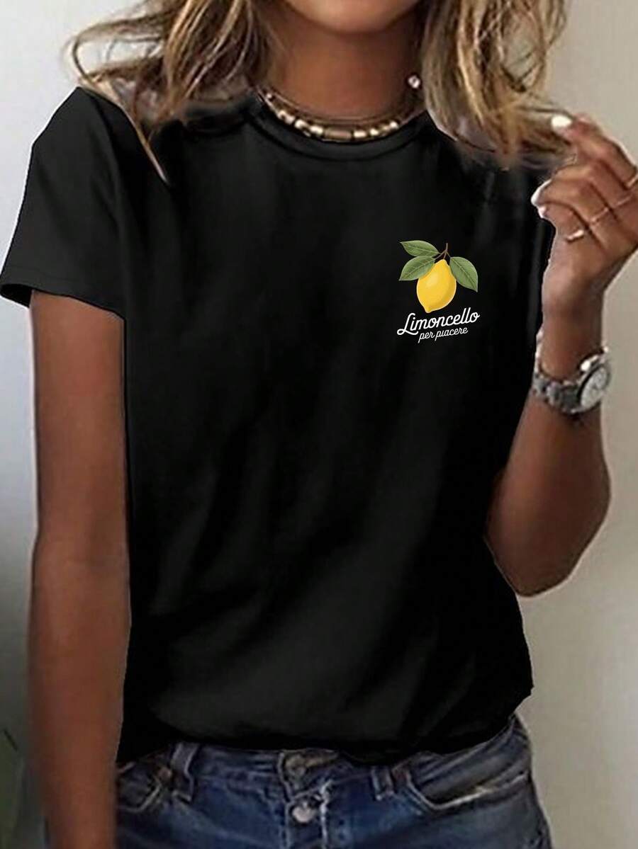 Limoncello italiano para el placer Camiseta con impresión de limón, manga corta cuello de tripulación Top casual para verano y primavera, ropa de mujer