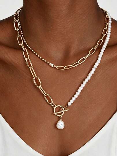 17KM 1pc Simple Fashionable Faux Pearl OT Clasp Beaded Pendant Necklace, Suitable For Women, Couples, Casual, Party, Wedding, Holiday, Gift For Mom, Friend