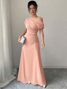 Vestido de mujer con estampado minimalista, hombro asimétrico y talle fruncido - Rosa Pálido - Ver 6