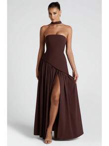 KZKZWK Colorblock Strapless High Split Maxi Dress Elegant Evening Summer Dress For Women - 深棕色 - 查看 11