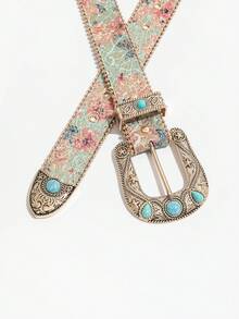 1条女士复古西部风格金属扣绿松石亮片印花PU皮带 - 綠松石閃粉版畫 - 查看 4