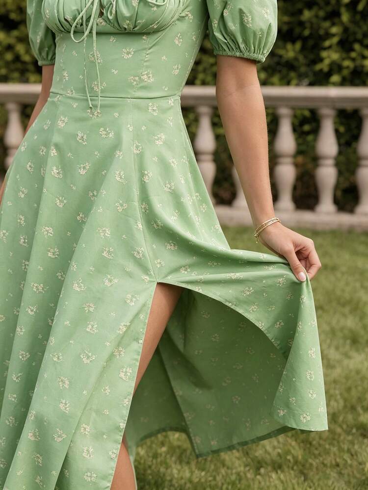 2026 Spring New Women's Clothing: Cross-Border European And American Dress, Elegant Floral Print Long Dress With Slit And Tie - 新綠底黃花 - 查看 6