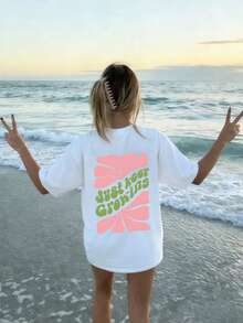 1 Piece, 100% Cotton. A Loose-Fitting Short-Sleeved Crew Neck Summer T-Shirt, 100% Cotton. Plus Size Spring/Summer Tops, 100% Cotton, Women's Short-Sleeved T-Shirt, Colorful Sunshine In My Heart Print, Solid Crew Neck, Soft And Comfortable, Casual, Streetwear, Y2K, Beach, Graduation, Vacation, Top, Summer, Spring, T-Shirt, Summer Style T-Shirt. - White - View 7