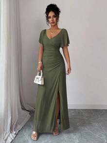 Vestido morado claro con cuello en V, mangas con volantes, cintura plisada y abertura, vestido elegante de dama de honor, vestido de fiesta, primavera/verano - Verde militar - Ver 5
