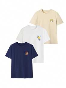 Conjunto de 3 camisetas de manga curta com estampa de limão, coquetel e outras bebidas, estilo casual de verão. Blusas modernas e versáteis para mulheres. - Multicolorido - Ver 2