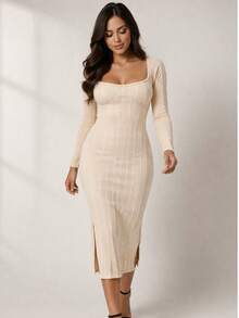 Midi Dress With Half Cup In Ribbed Prime Fabric | Fitted Design With Support, Elegant And Versatile For Day To Night - Off - View 1