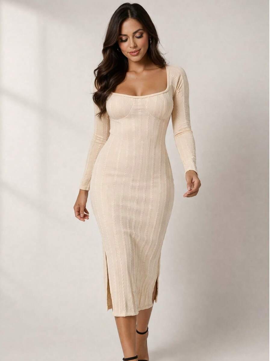 Midi Dress With Half Cup In Ribbed Prime Fabric | Fitted Design With Support, Elegant And Versatile For Day To Night - Off - View 1