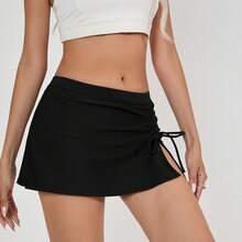 Drawstring Fashion Swim Shorts For Women, Hip-Hugging, Tummy-Controlling, Mid-Waist Swim Shorts - Black - View 5