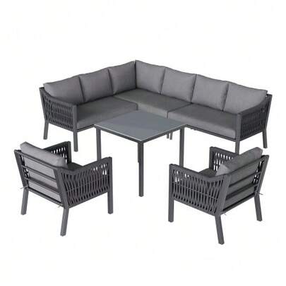 Garden Dining Set, Garden Furniture Set, 8 People, Corner Position, Galvanized Iron, Glass Tabletop, Hand-Woven Rope Set Consisting Of A Dining Table, Two Armchairs And A Corner Sofa, Grey.