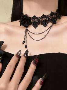 1 chiếc vòng cổ choker ren hoa hồng phong cách Gothic cổ điển dành cho nữ, có tua rua. - Nhiều màu - Xem 5