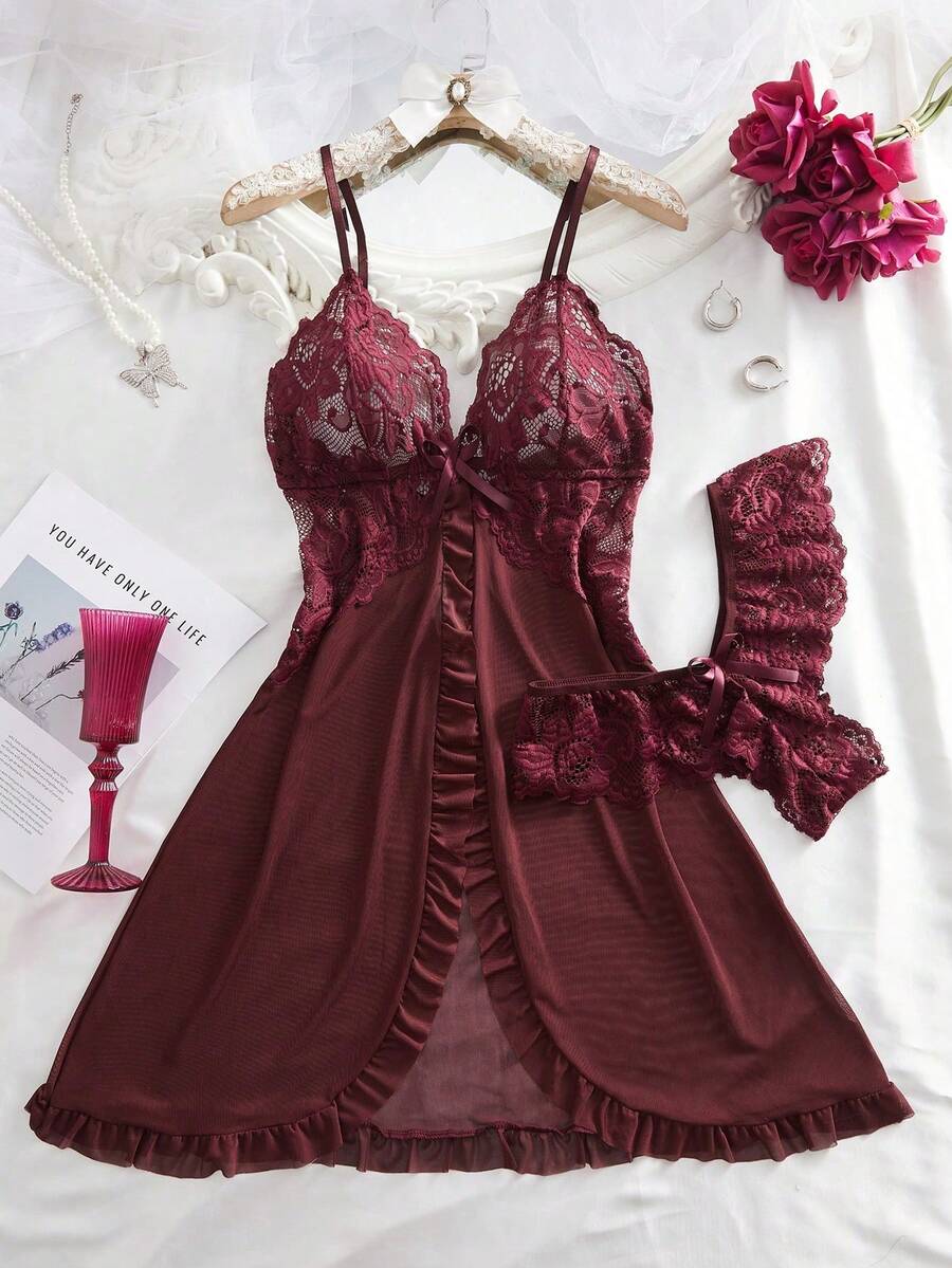 2pcs Plus Size Women Lace & Mesh Patchwork V-Neck Camisole Lingerie Set, Suitable For Home Wear & Sexy Intimates, Babydoll - Redwood - View 1