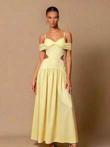 Women's Off-The-Shoulder Maxi Dress With Pleats And Ribbon Embellishment - Yellow - View 3