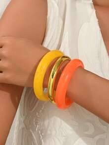 3pcs/Set Women's Personalized Fashion Exaggerated Wide Bangle Set, Suitable For Daily Wear (Electroplated Random Color) - Multicolor - View 2