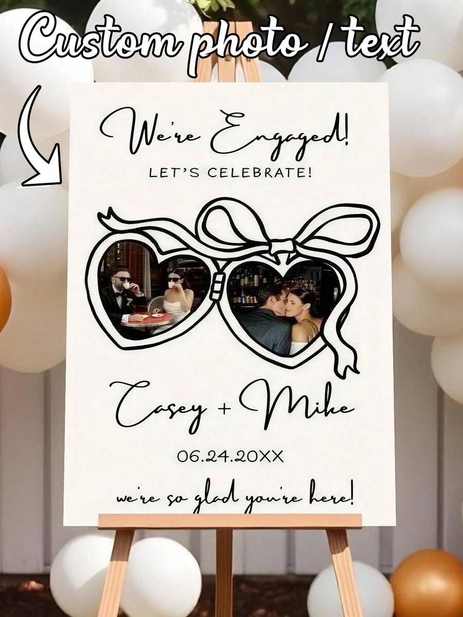 Personalized Engagement Party Sign, Handpainted Heart-Shaped Pendant Welcome Sign, Customized Wedding Welcome Poster, Frameless Wedding Welcome Poster, Customized Photo And Text, Home Decor, Birthday Decor, Wall Decor - Multicolor - View 1