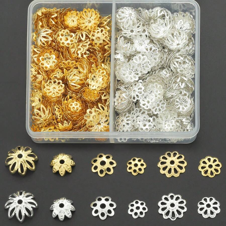 80pcs/160pcs Assorted Hollow Flower Bead Caps, Alloy End Caps Set, Suitable For DIY Jewelry Making Accessories, Bracelets, Necklaces, Earrings, Handmade Craft Supplies - Alloy Flower Holder - View 1