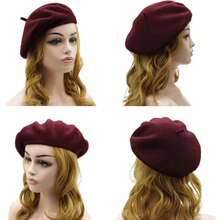 Wool Beret Hat, Solid Color French Style Winter Warm Cap For Women Girls Lady - One Size + Burgundy - View 3