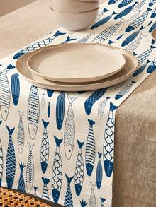 1pc Mediterranean Blue & White Fish Pattern Linen Table Runner, Suitable For Holidays, Parties, Birthdays, Dinners, Kitchen & Dining Room Decor, Shoe Cabinet Cover, All Season Home Decor & Textile - Multicolor - View 11