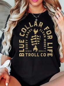 Women's Short Sleeve, Blue Collar, TROLL COprinted Tshirt, Casual Black Crew Neck Tshirt, Stretch Polyester Blend, Machine Washable, Suitable for Springsummerfall SportAthleisure - Negro - Ver 2