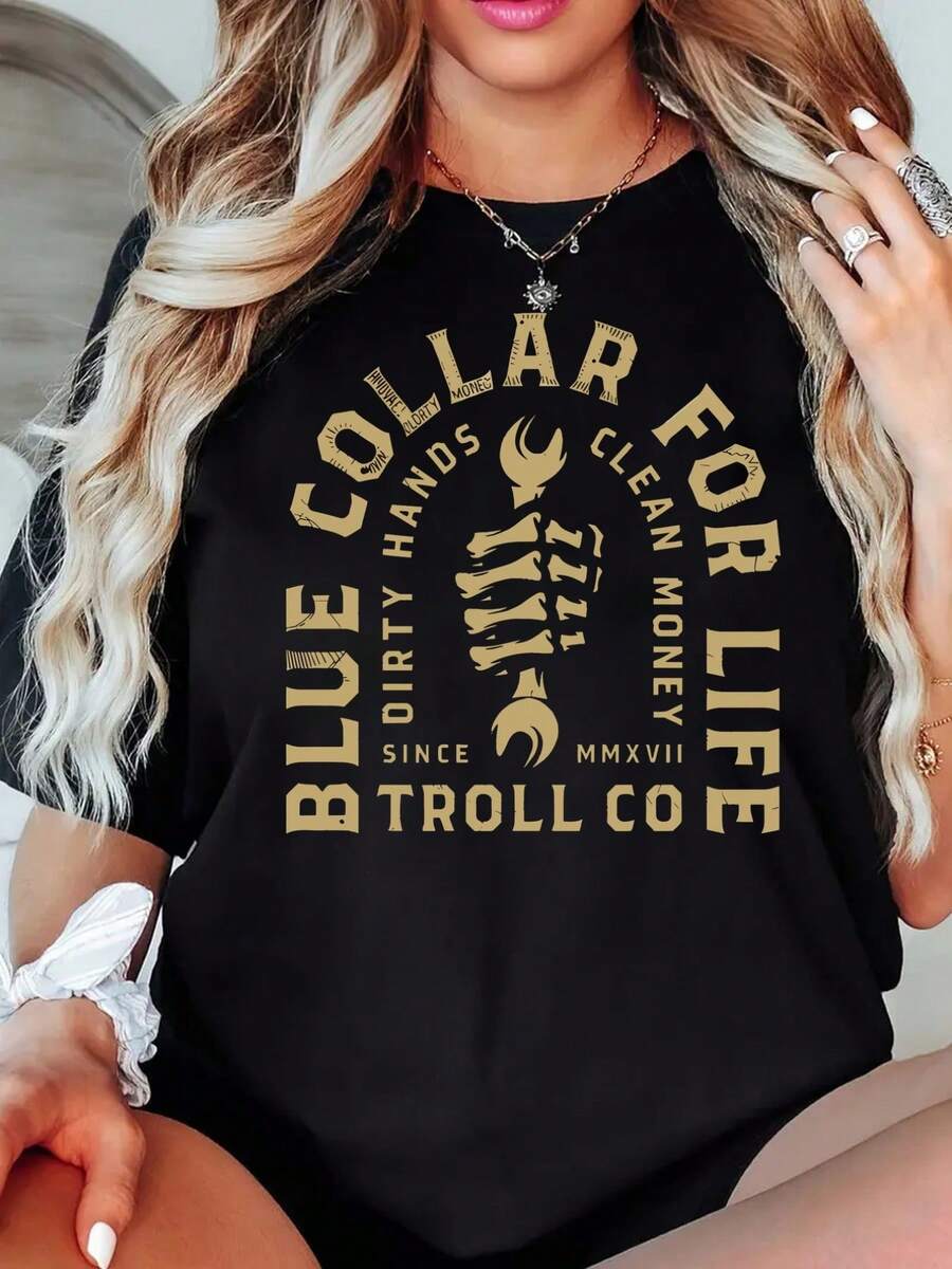 Women's Short Sleeve, Blue Collar, TROLL COprinted Tshirt, Casual Black Crew Neck Tshirt, Stretch Polyester Blend, Machine Washable, Suitable for Springsummerfall SportAthleisure