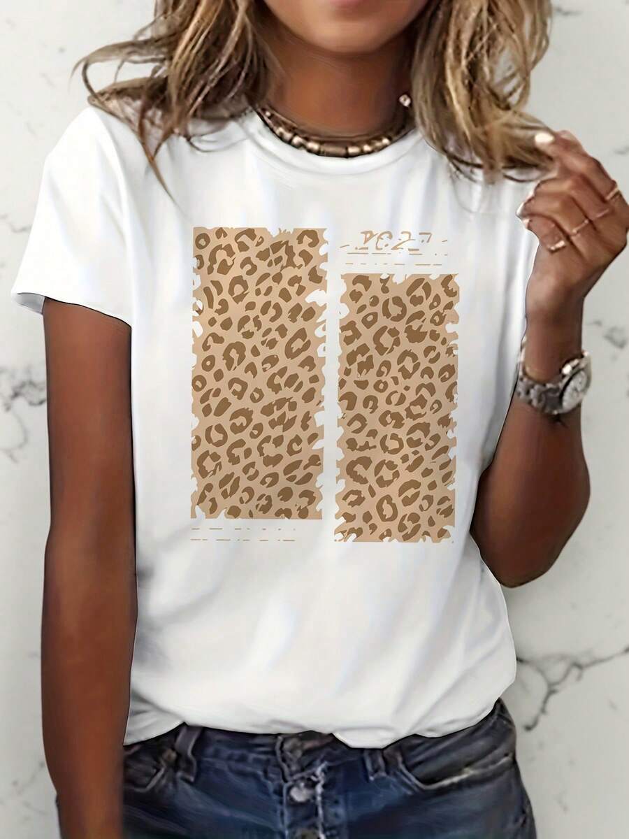 Camiseta de impresión de leopardo de las mujeres - camiseta de cuello de tripulación de manga corta Top compatible | Camiseta de verano casual de estiramiento medio con impresión | Camiseta no lavable en máquina adecuada para ropa y capas casuales