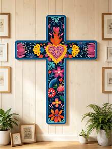 1pc Floral Cross Wall Decor, Hand-Painted Decorative Wooden Cross, Mexican Art Wall Decor, Mexican Cross, Home/Classroom/Church Decor, Vintage Style - A - View 6