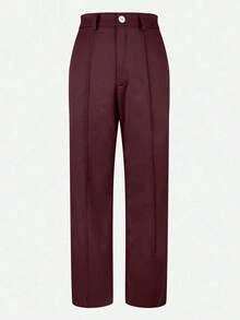 Pantalones rectos de tela de traje con bolsillo con cremallera de unicolor Jessfin, sin cintura, elegantes para la oficina, casuales y versátiles, para primavera/verano - Burdeos - Ver 4