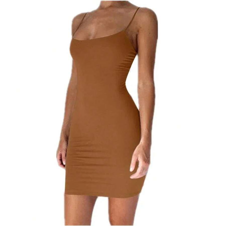 Minivestido de verano con tirantes finos 2026 para mujer, sexy, ajustado, para fiesta, club, camisola corta, vestido tipo tubo negro liso - Café - Ver 1