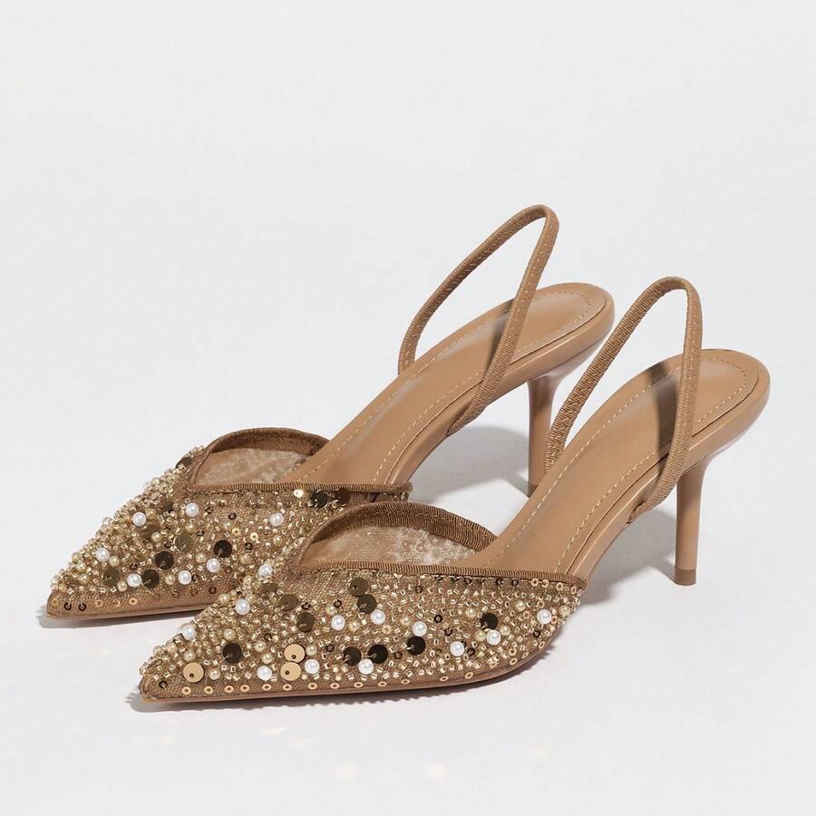 Nuevos sandalias con rhinestones y lentejuelas para mujeres, zapatos de tacón alto de aguja con tiras de malla y puntera puntiaguda, sandalias de tacón de aguja de moda - Marrón - Ver 1