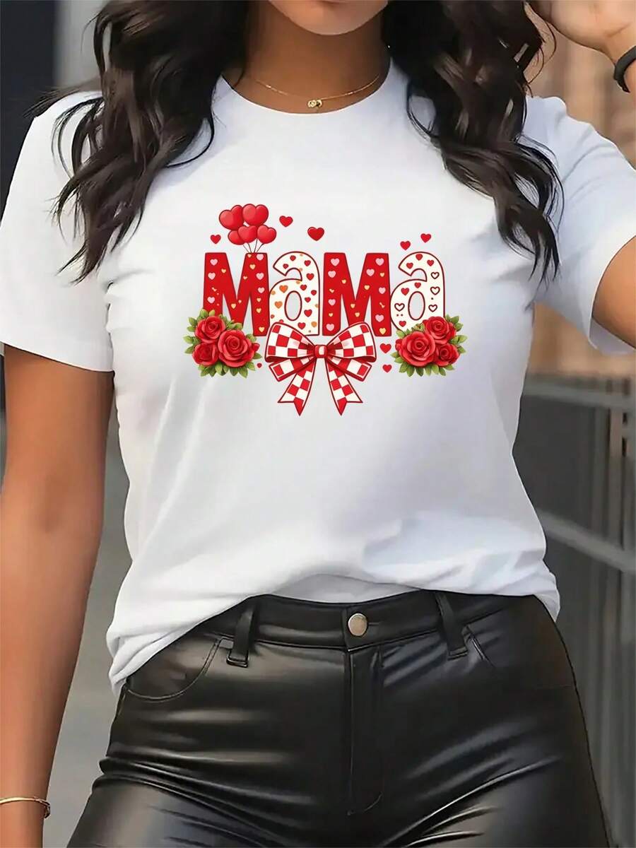 Fashionable Women's Sporty Short Sleeve T-Shirt - Mother's Day Themed Print With "MAMA" Lettering And Pink Heart Print Design, Machine Washable, Easy To Match, Comfortable And Casual, High-Quality Polyester, Suitable For All Seasons - 白色 - 查看 1
