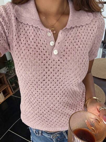 Blusa de punto de cuello polo de manga corta para mujer, adecuada para vacaciones de verano en color rosa