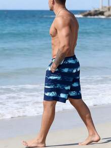Shorts de playa a rayas azules para hombres, estilo hawaiano - Azul - Ver 6
