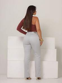 Women's Straight Leg Trousers In Satin Twill, Tailored Style, Malloy Style - Light Grey - View 9