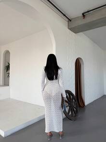 Women's Solid Color Hollow Design Long Sleeve Sexy Knit Dress - White - View 6