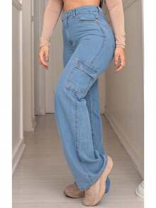 Calça Wide Leg Cargo Jeans Clara Feminina - Estilo e Conforto em Alta - Lavagem clara - Visão 1