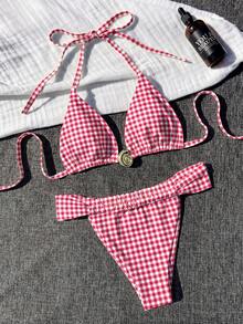 Women's Metal Shell Plaid Bikini Set Vacation Beach Summer - Multicolor - View 2