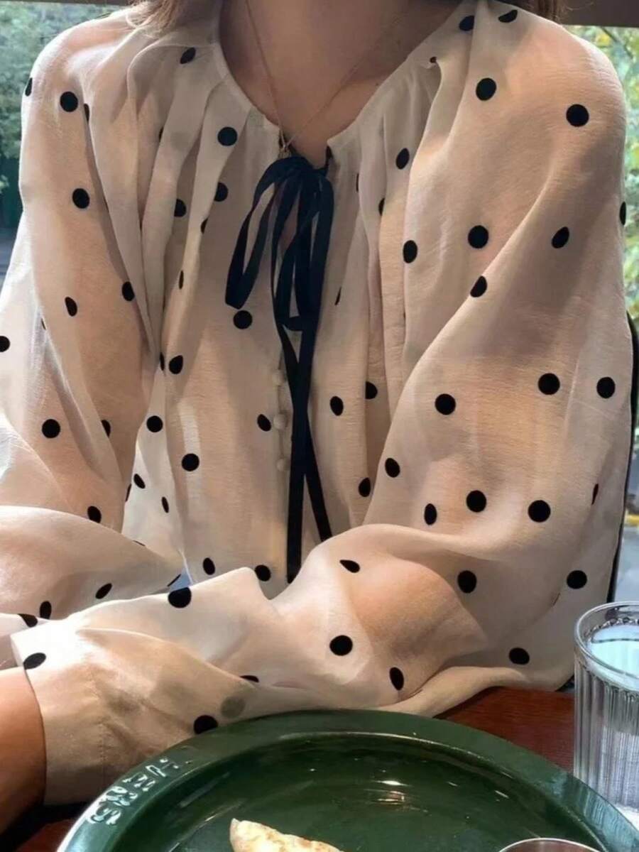 Camisa de protección solar con mangas abullonadas y lunares estilo francés para mujer, blusa de seda antienvejecimiento a la ... - Color de la imagen - Ver 1