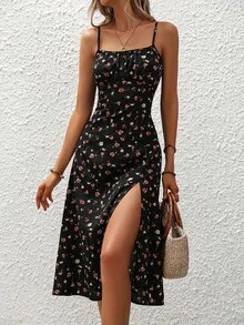 2024 mujeres estampado Floral tirantes espagueti verano Boho Vestido de playa estampado elegante tirantes cuello cuadrado vestido con abertura Vestidos - Flores negras - Ver 2