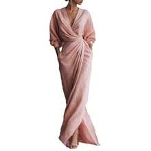 Linen-Blend Wrap Maxi Dress, V-Neck Batwing Sleeve Waist Tie With Slit, Elegant Formal Evening Gown - 天藍色 - 查看 6